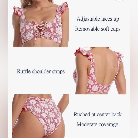 BIKINI RETRO MID WAIST RUFFLE SLEEVES BLACK FLORAL PRINT - Picture 7 of 16